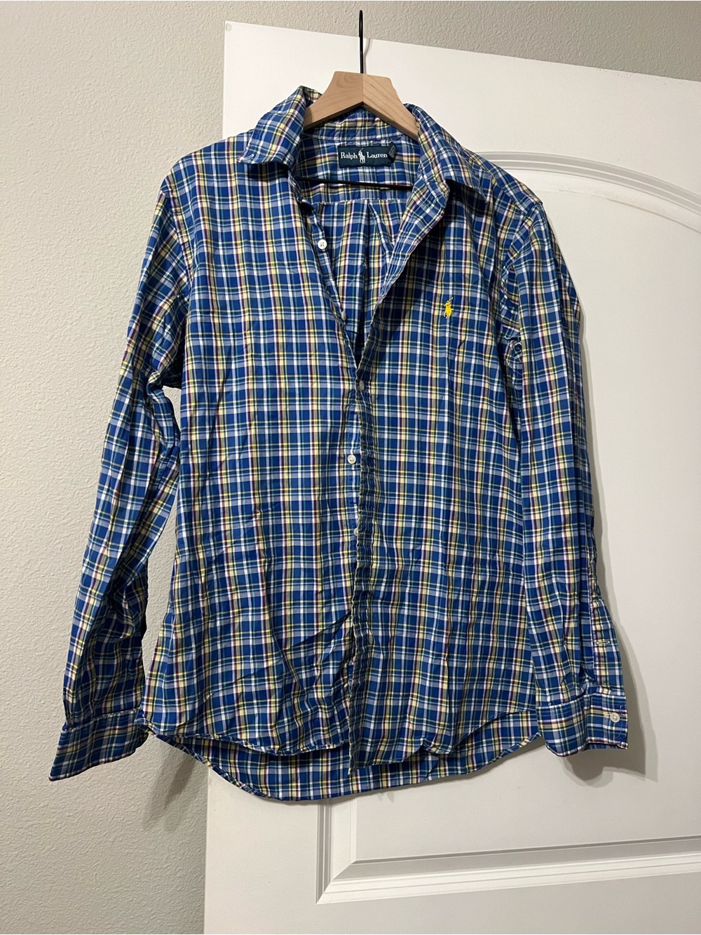 Vintage Ralph Lauren Blue Plaid Cotton Button-Up Shirt - Picture 1 of 5
